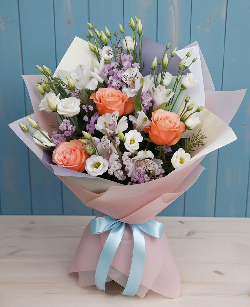 Букет цветов из: Лизиантусы, Розы, Альстромерии и Гипсофила в Устье