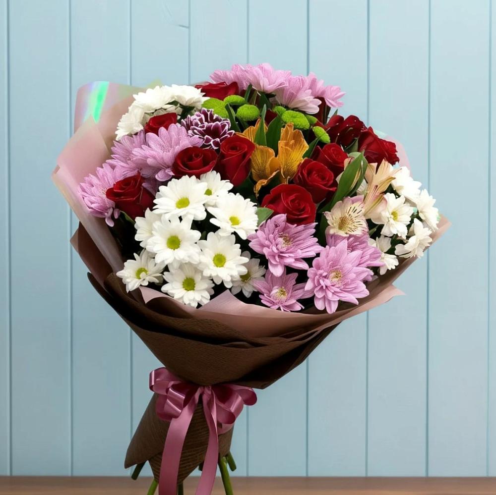 Букет цветов из: Розы, Хризантемы и Альстромерии в Устье
